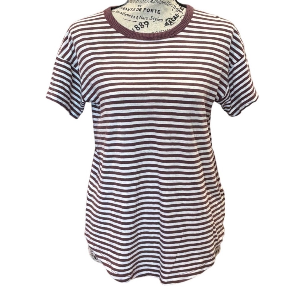 Madewell Striped Short Sleeve Cotton T-Shirtā Burgundy White Size S Crew Neck